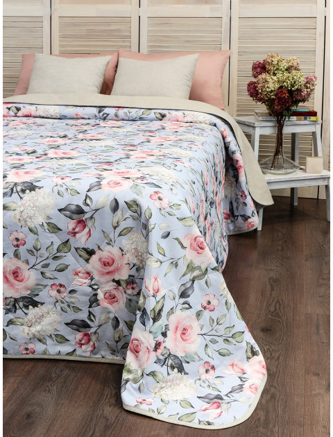 Плед-покрывало полульняное двухстороннее Флоранс полулен светло-голубой розовый