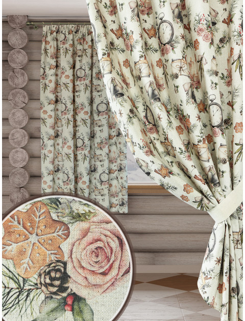 Комплект штор Новогоднее ретро полулен серый розовый серо-бежевый