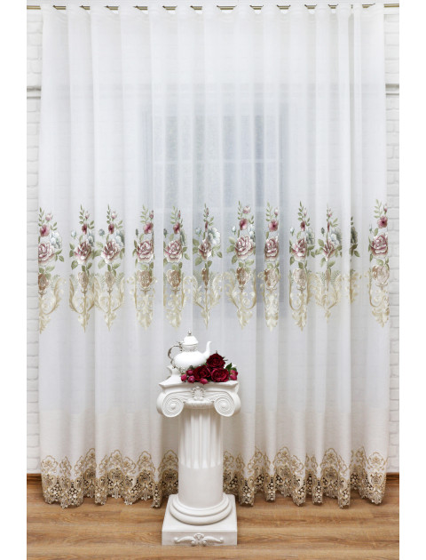 Тюль с бархатной вышивкой "Raffaello",6003TvMRT, молочный, розово-голубой