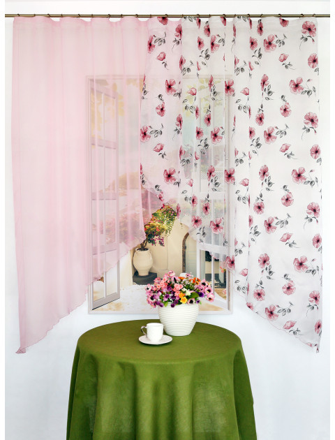 Тюль "Углы. Маки" розовый, серый