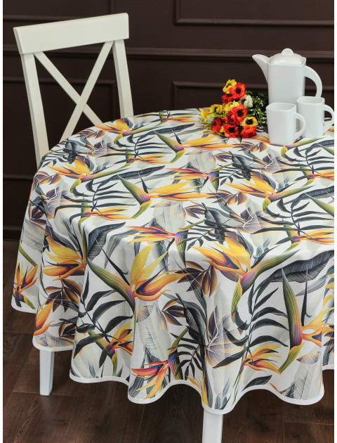 Скатерть Тропики полулён белый желтый графитовый