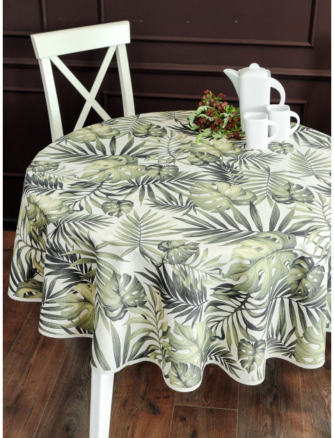 Скатерть Амазонка полулен темно-зеленый серо-бежевый круг овал