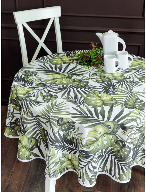 Скатерть Амазонка полулен темно-зеленый белый круг овал