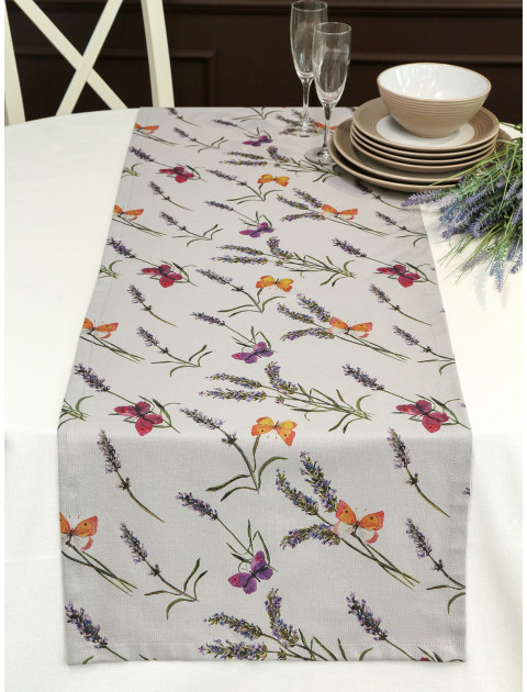 Дорожка декоративная столовая Бабочки хлопок серо-голубой сиреневый зеленый