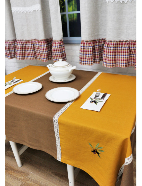 Скатерть вышивка "Олива" комбинир, горчичный,коричн