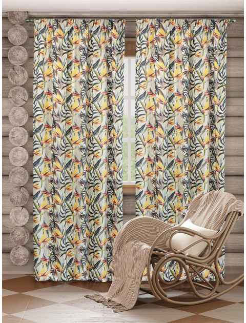 Комплект штор Тропики полулен желтый графитовый серо-бежевый длинные