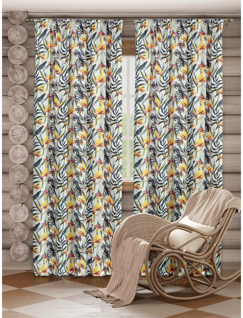 Комплект штор Тропики полулен желтый графитовый белый длинные