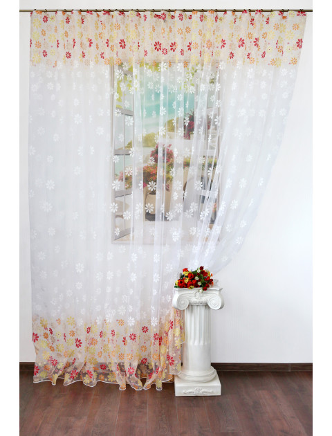 Тюль белый, оранжевые, желтые, красные  ромашки