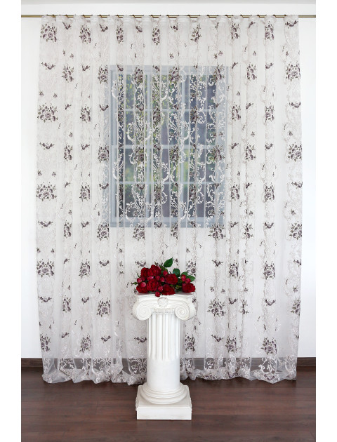 Тюль молочный, серые/коричневые цветы, вензеля