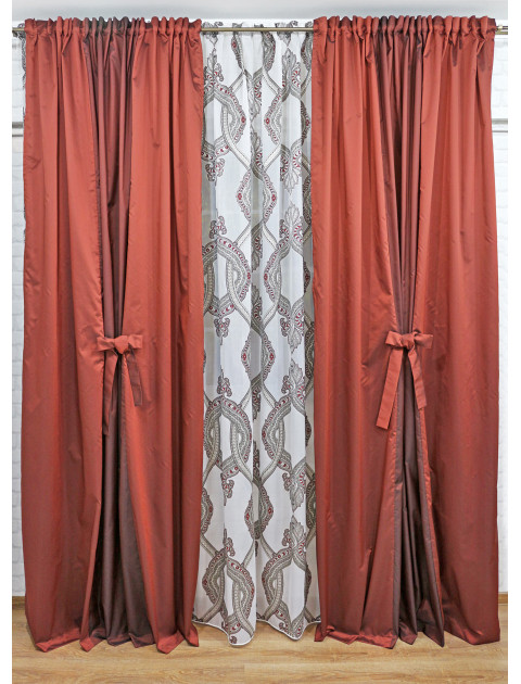 Комплект штор и тюля "Адель", бордовый, тюль цветная печать
