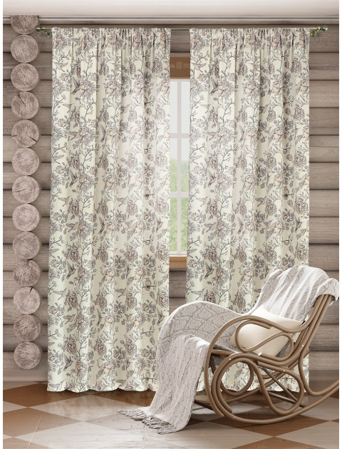 Комплект штор Райский сад полулен длинные фиолетово-коричневый серо-бежевый