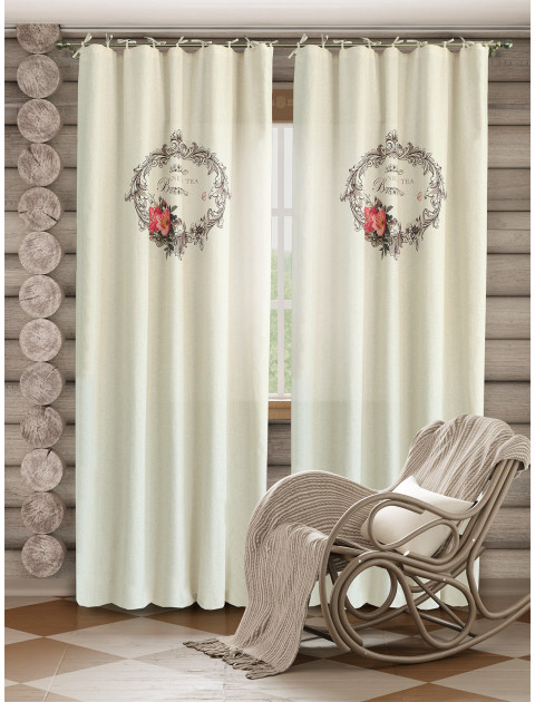 Комплект штор Botanical Tea на завязках длинные полулен серо-бежевый красный