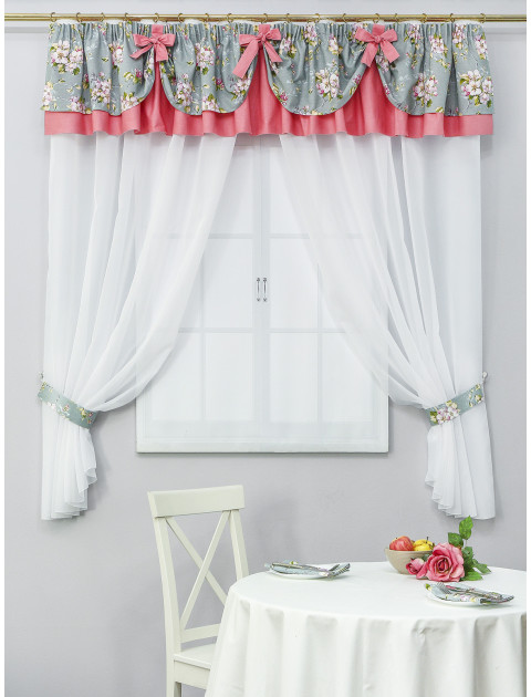 Тюль Усадьба Яблоня с ламбрекеном белый серо-голубой