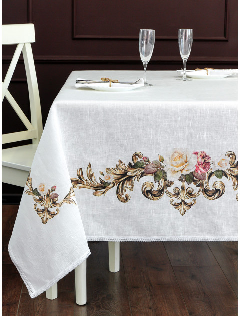 Скатерть Монплезир Роза с кружевом лен молочный бежевый