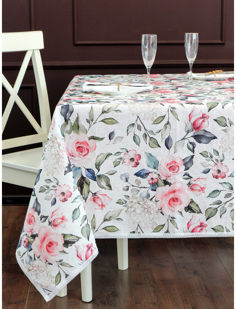 Скатерть Флоранс с кружевом лен молочный розовый зеленый