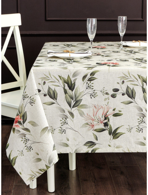 Скатерть Зеленый ветер полулен темно-зеленый персиковый серо-бежевый