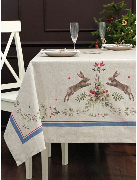 Скатерть Заячьи истории полулен синий красный зеленый серо-бежевый полосы