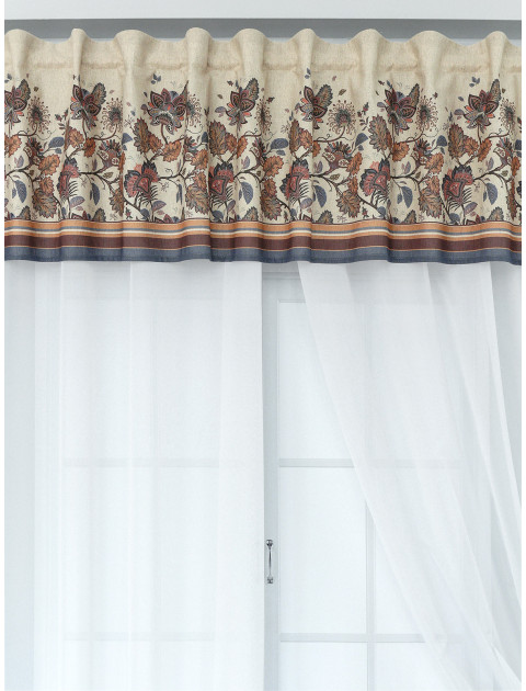 Штора ламбрекен Жасмин полулен коричневый серо-синий серо-бежевый полосы