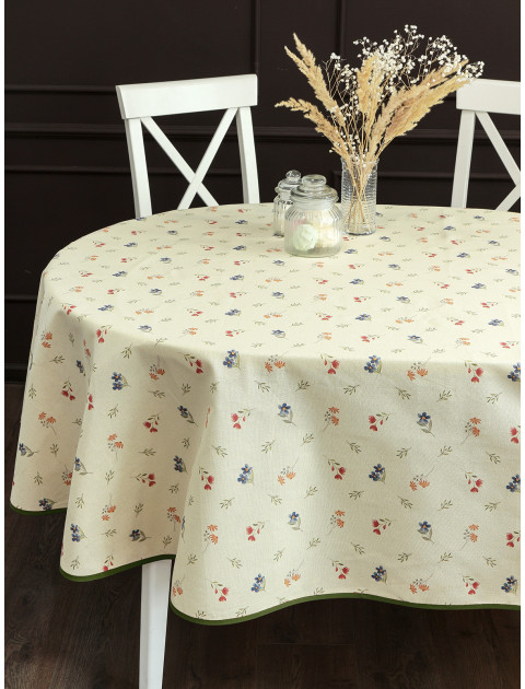 Скатерть Sweet flowers с косой бейкой хлопок сливочный зеленый