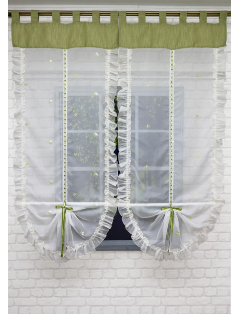 Тюль Маруся экран с утяжелителем молочно-зеленый, красные цветы, 2 полотна