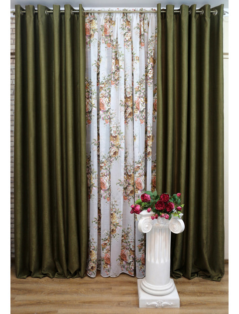Комплект штор  и тюля"Патрисия" 2014-2zb, зеленые цветы