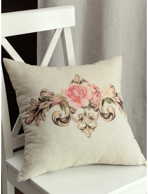 Наволочка декоративная Монплезир Роза с печатью полулен бежевый розовый