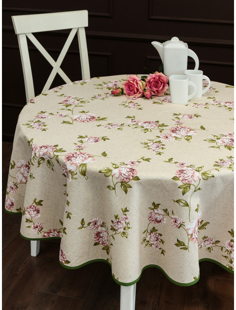 Скатерть Усадьба Версальские сады с косой бейкой бежевый розовый зеленый
