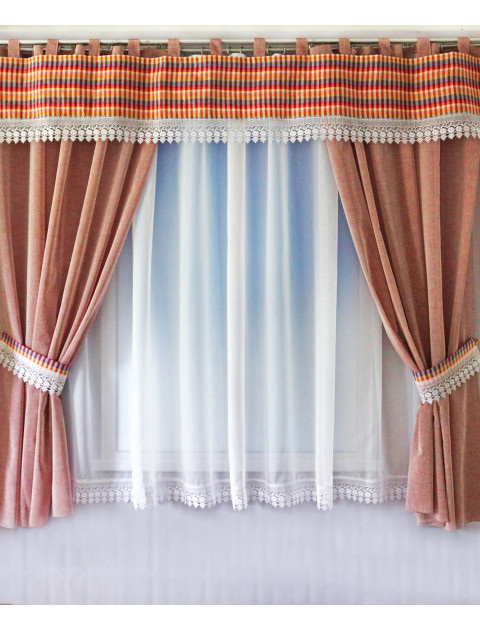 Комплект штор "Кантри" с ламбрекеном, коричнево-красный