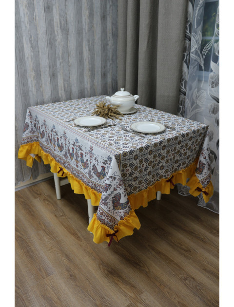 Скатерть "Петухи" с юбочкой, сине-желтый Скатерть "Петухи" с юбочкой, сине-желтый