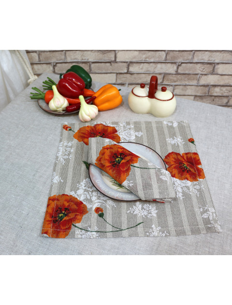 Салфетка "Маки" без кружева, оранж, серый Салфетка "Маки" без кружева, оранж, серый