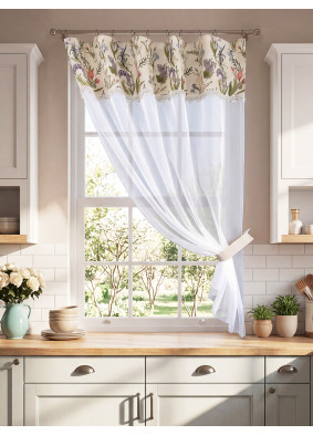 Тюль на манжете из хлопка Весенний букет белый молочный зеленый розовый