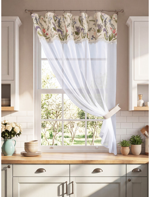 Тюль на манжете из хлопка Весенний букет белый молочный зеленый розовый