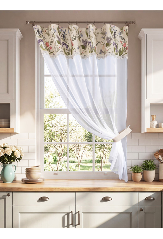 Тюль на манжете из хлопка Весенний букет белый молочный зеленый розовый