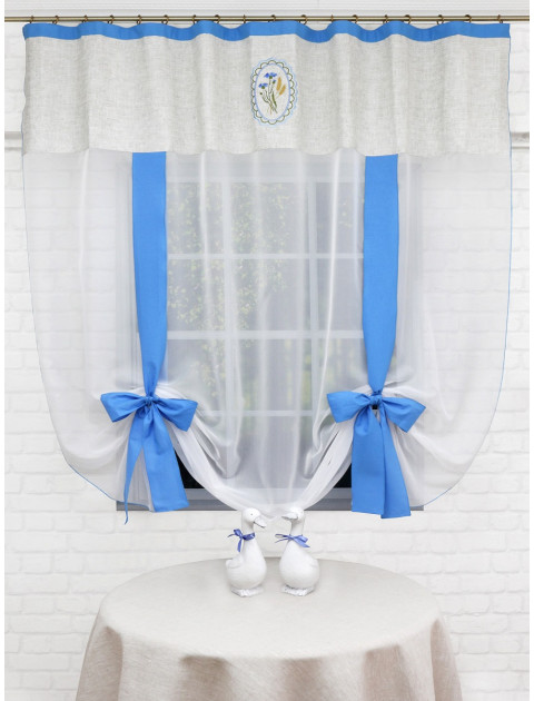 Тюль-экран Василек и колосок белый голубой