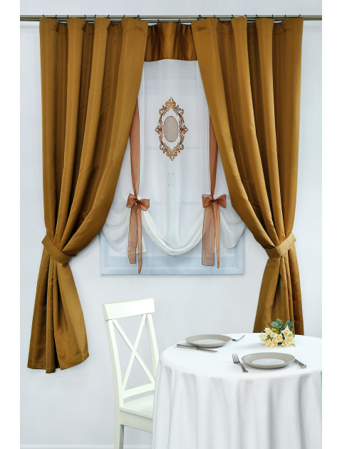 Комплект штор и тюля Сильвия горчица молочный