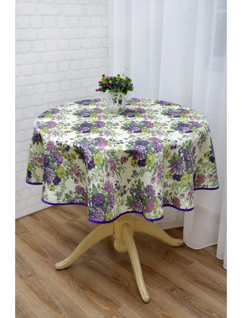 Скатерть "Печать и цветы" сиреневая кайма, фисташковый, зеленый, фиолетовый Скатерть "Печать и цветы" сиреневая кайма, фисташковый, зеленый, фиолетовый