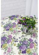 Скатерть "Печать и цветы" сиреневая кайма, фисташковый, зеленый, фиолетовый
