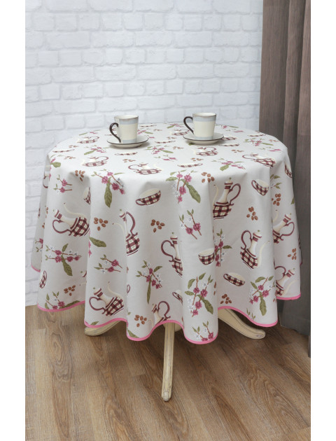 Скатерть круглая "Чайный сервиз", 4668, светло-бежевый, розовая кайма