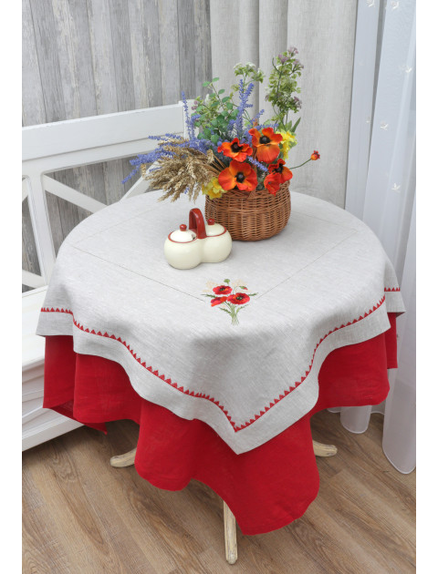 Скатерть "Букет маков" кружево, мережка, лен, серый(красный)
