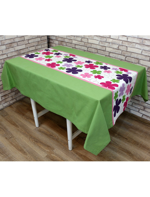 Скатерть "Цветы" комбинир, зеленый, розовая кайма, цветы