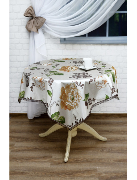 Наскатертник серебристый с коричневым кружевом, серебристо-оранжевый