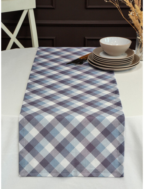 Дорожка декоративная Клетка полулен серо-голубой белый Дорожка декоративная Клетка полулен серо-голубой белый