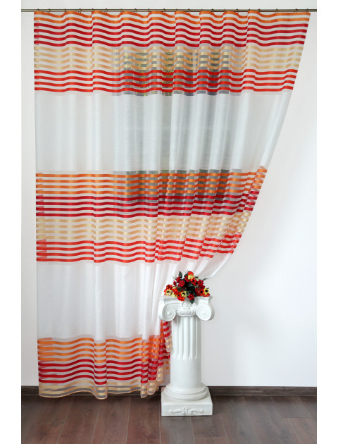 Тюль "Дарама", молочный, красные, оранжевые, желтые полосы