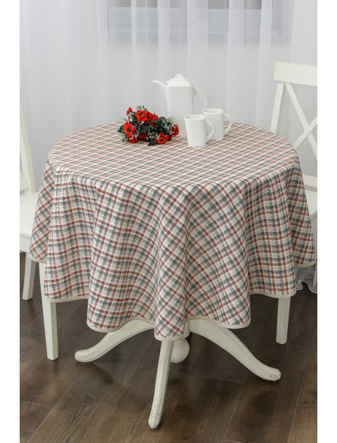 Скатерть Льняная усадьба Калинка в клетку круглая, бежевый, бордовый, черный
