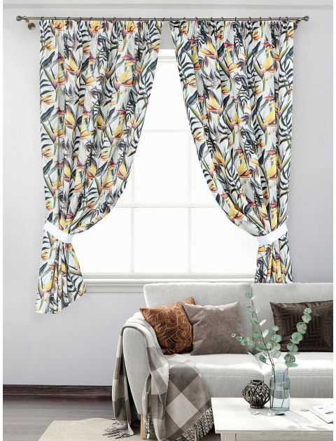 Комплект штор Тропики полулен желтый графитовый белый
