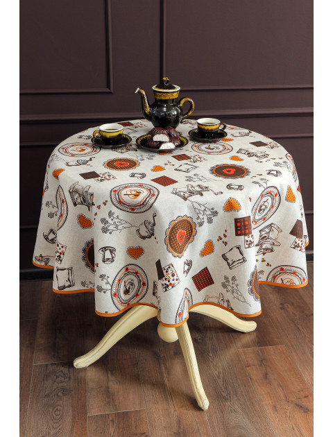 Скатерть Льняная коллекция Чашка кофе полулен серо-бежевый круглая