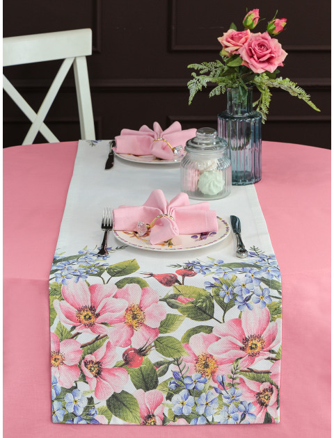 Дорожка декоративная столовая Майский шиповник хлопок белый розовый синий