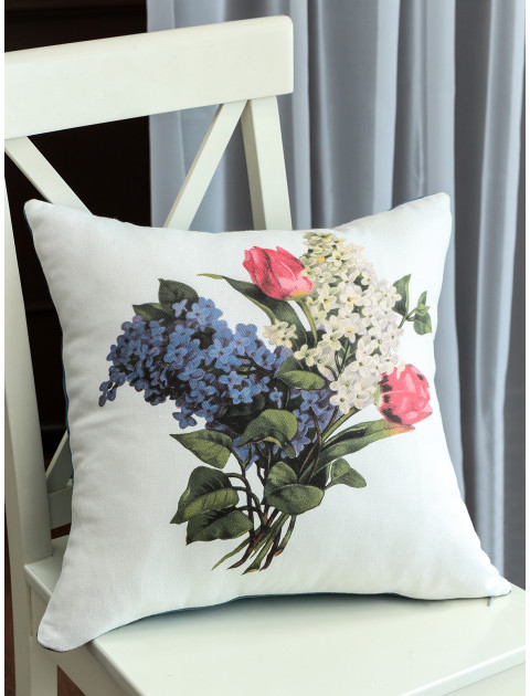 Наволочка декоративная Тюльпаны сирень хлопок белый серо-синий