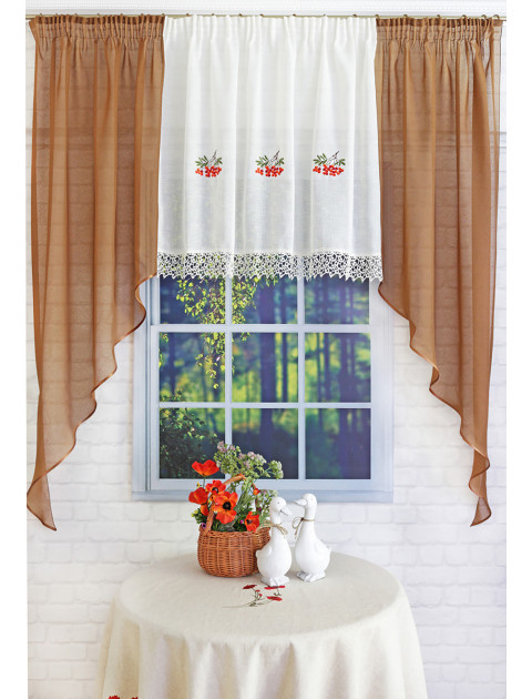 Тюль Арка "Лиза. Ветка рябины", молочный, коричневый