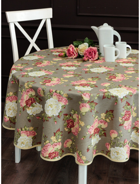 Скатерть Вдохновение хлопок с косой бейкой светлый серо-коричневый розовый желтый